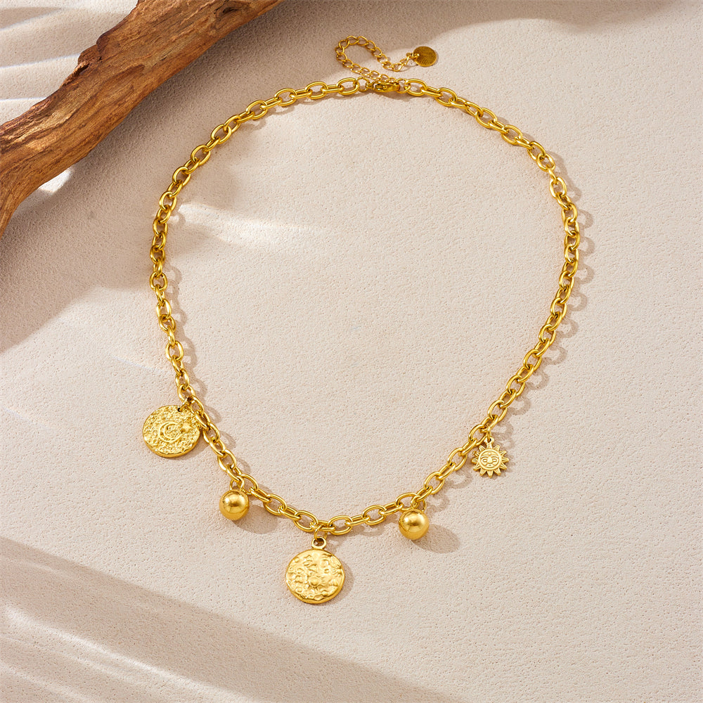 Chunky Gold Chain Necklace with Coin & Bead Charms