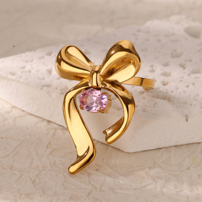 Gold Bowknot Pink Gem Ring