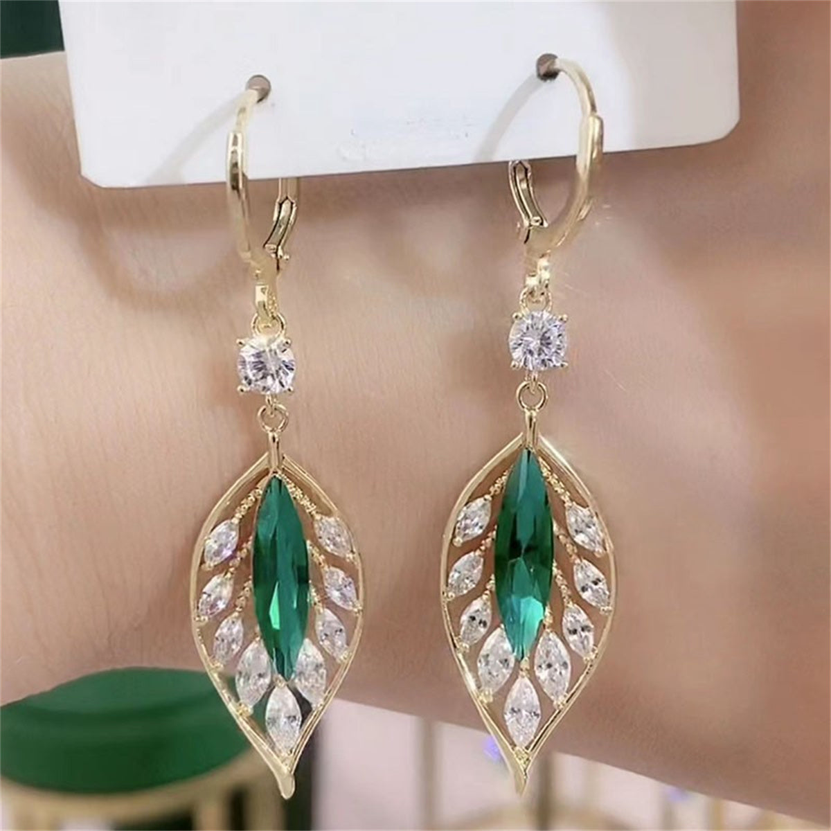 Emerald Leaf Drop Earrings