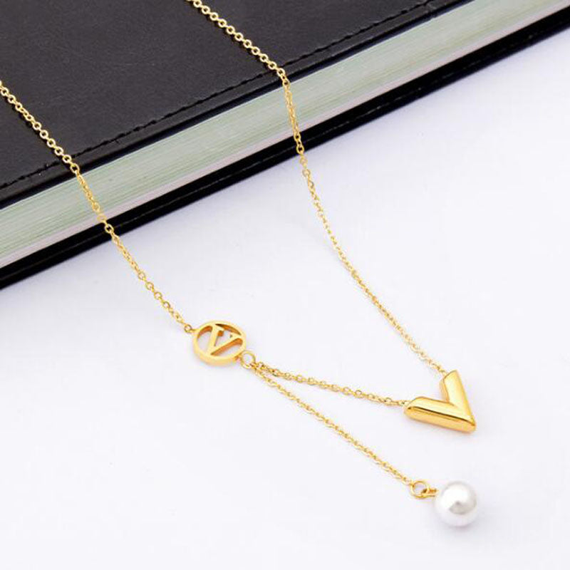 Gold V Drop Pearl Pendant Necklace