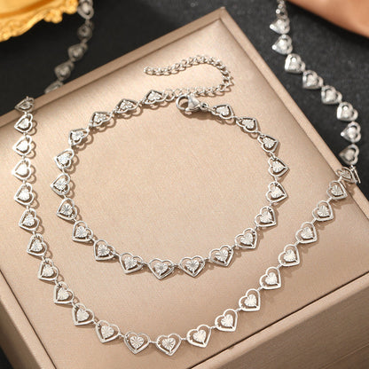 2pc Gold Heart Link Necklace & Bracelet Set