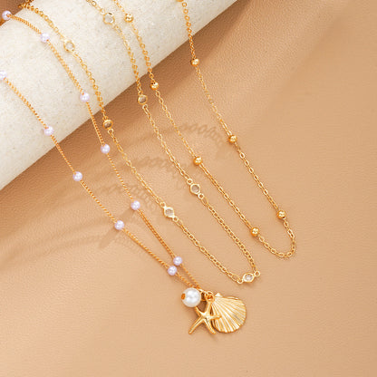 3pc Seashell Pearl Layered Necklace Set