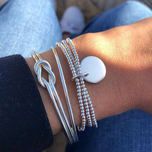 3pc Minimalist Silver Bangle & Beaded Bracelet Set