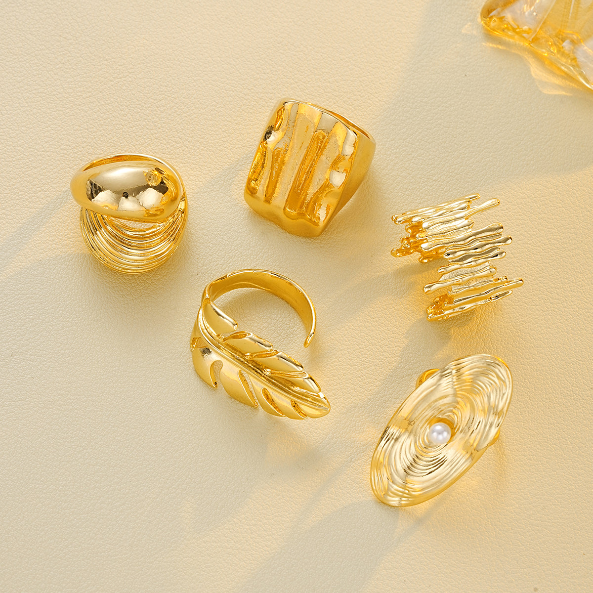 5pc Statement Textured Gold Ring Set