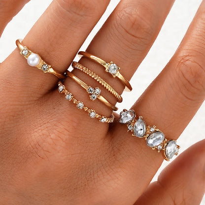 6pc Boho Crystal & Pearl Ring Set