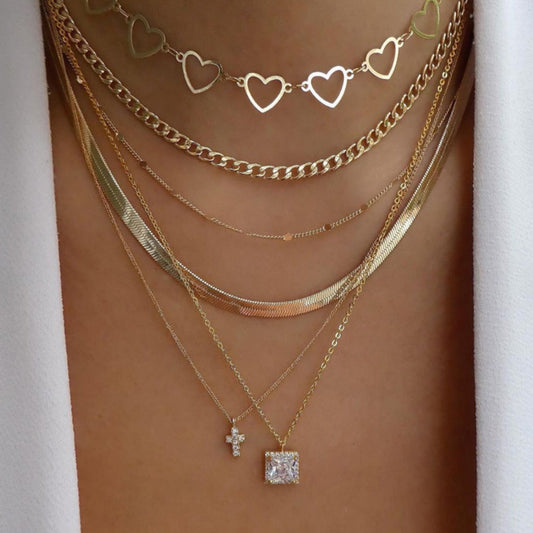6pc Heart & Cross Layered Necklace Set