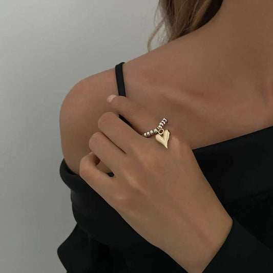 Beaded Heart Pendant Elastic Ring