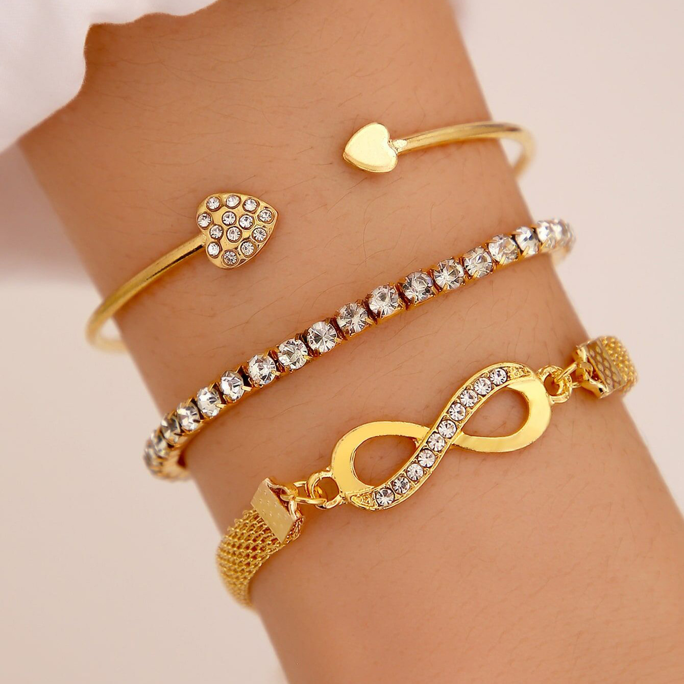 3pc Crystal Heart & Infinity Bracelet Set