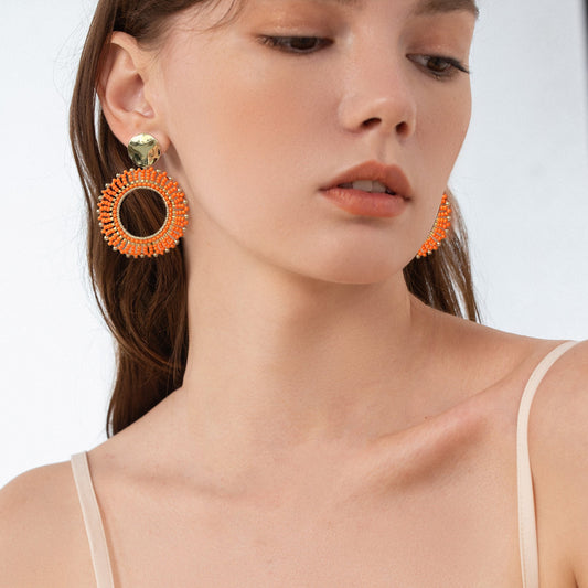 Orange Beaded Circle Drop Earrings