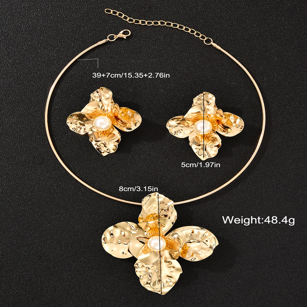 2pc Hammered Gold Floral Statement Necklace & Ring Set