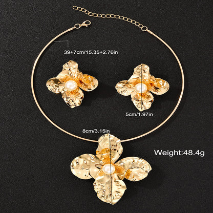 2pc Hammered Gold Floral Statement Necklace & Ring Set