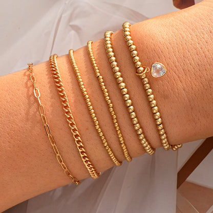6pc Gold Beaded Charm Bracelet Set
