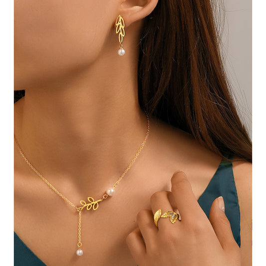 3pc Leaf Pearl Drop Jewelry Set