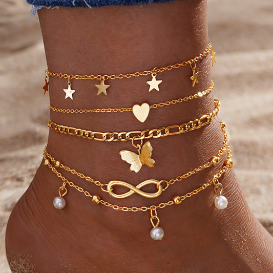 6pc Gold Charm Anklet Set