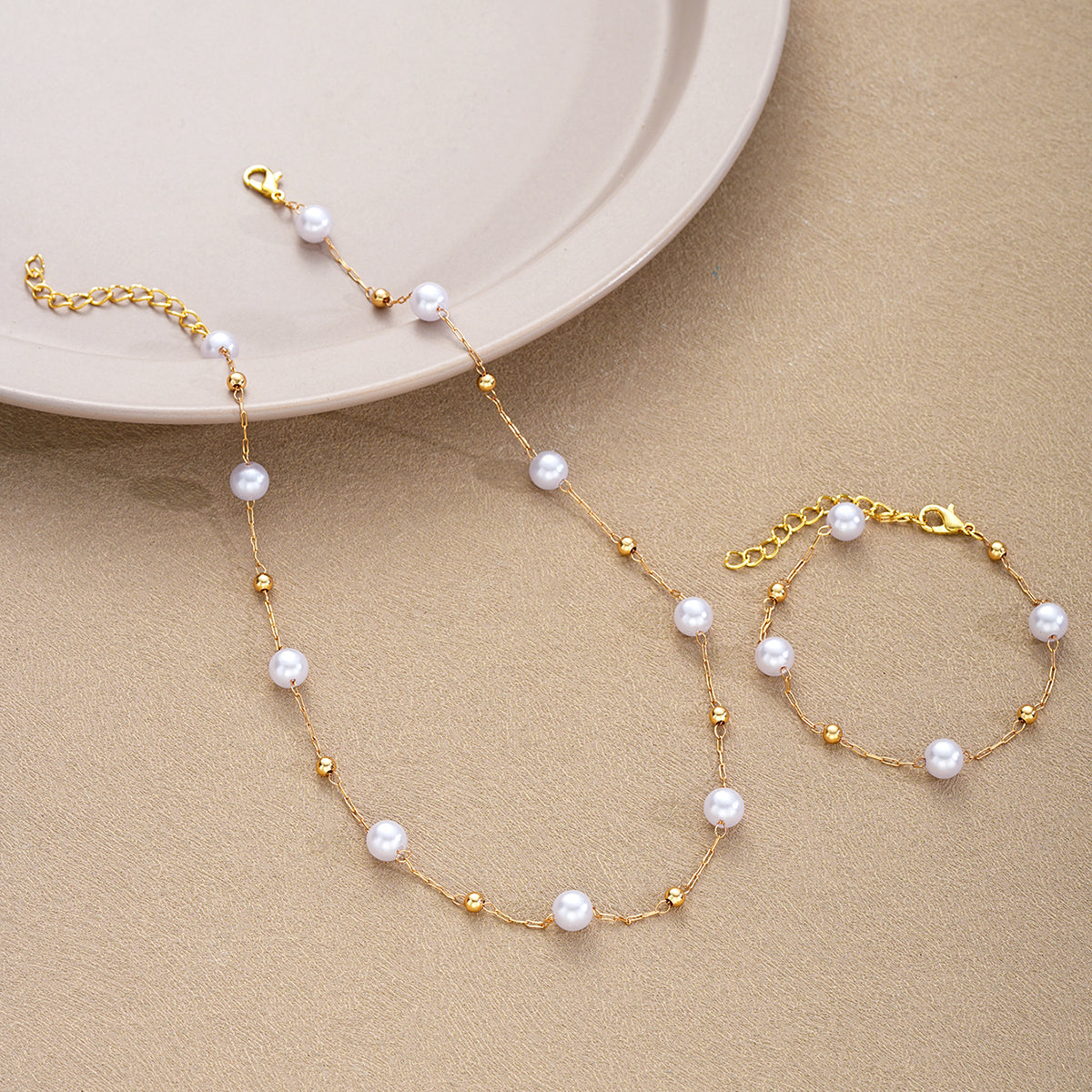 2pc Gold Beaded Pearl Necklace & Bracelet Set
