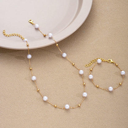 2pc Gold Beaded Pearl Necklace & Bracelet Set