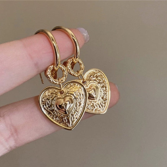 Vintage Embossed Heart Hoop Earrings