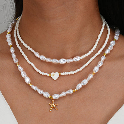 3pc Pearl Beaded Starfish Necklace Set