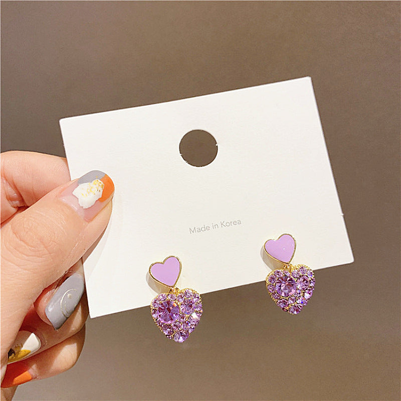 Purple Crystal Heart Drop Earrings