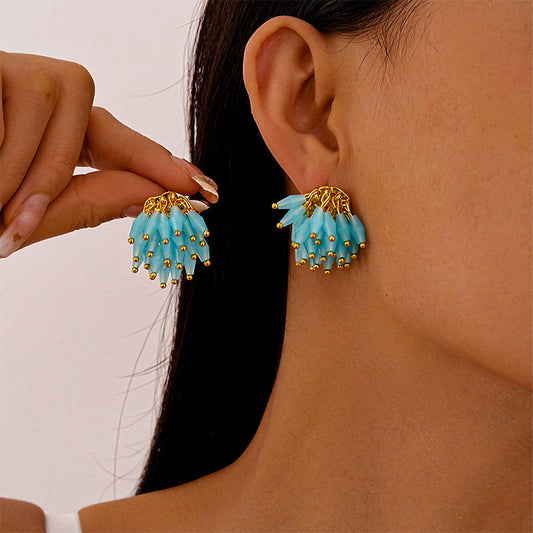 Blue Beaded Cluster Earrings