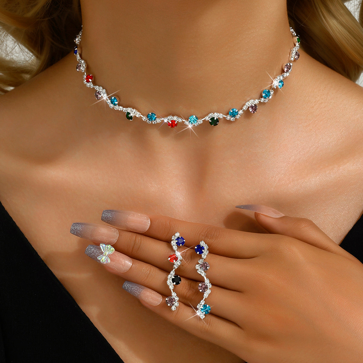 3pc Rhinestone Flower Necklace & Earrings Set