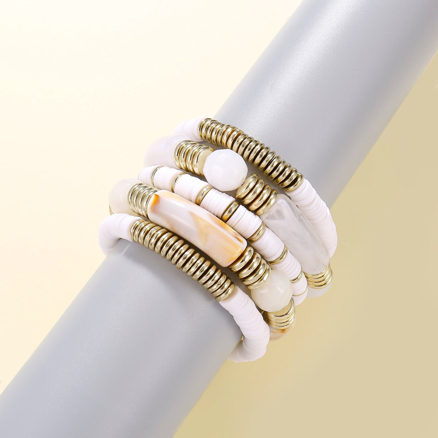 5pc White Resin & Gold Beaded Bracelet Set