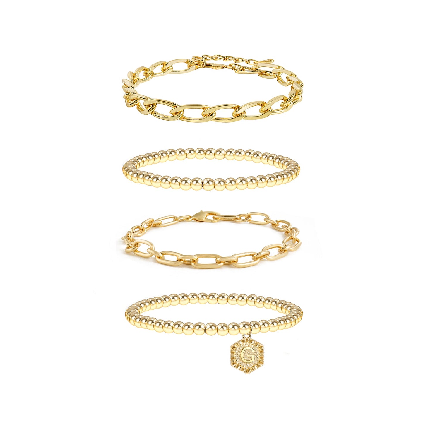 5pc Gold Beaded Chain Bracelet Set with Initial Charm
