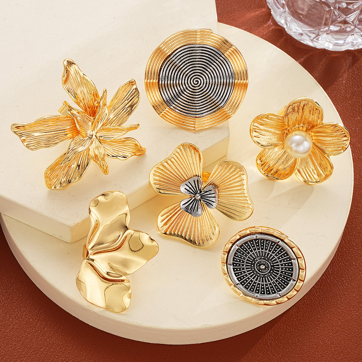 6pc Oversized Floral & Abstract Ring Set