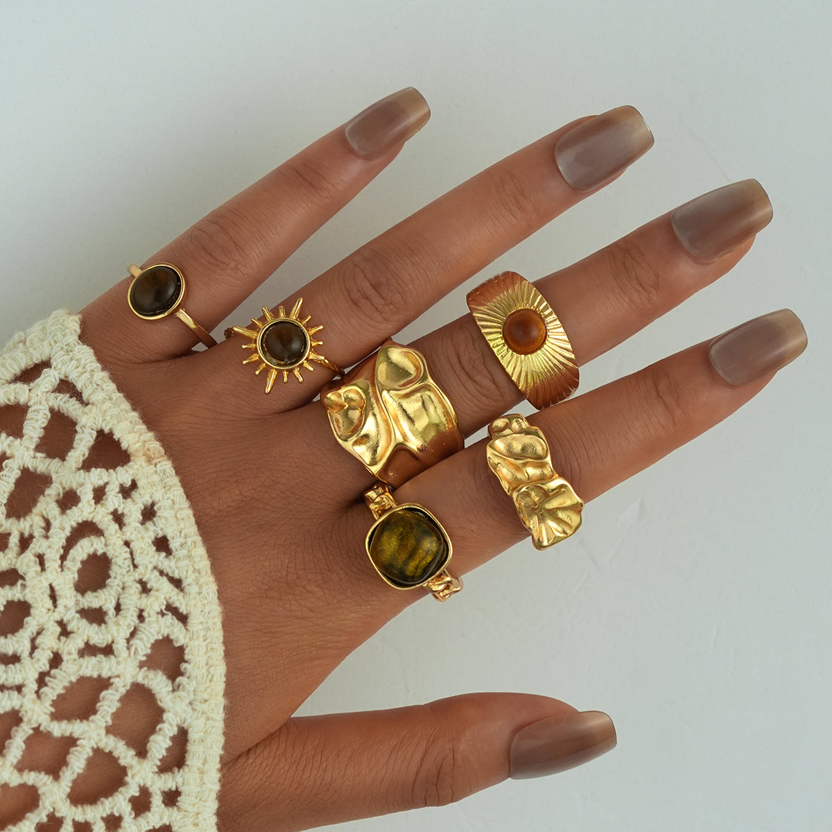 6pc Vintage Tiger Eye Ring Set