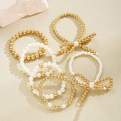 6pc Pearl & Gold Beaded Bow Bracelet Set