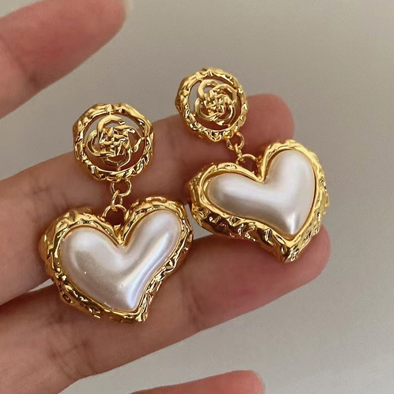 Pearl Heart Flower Drop Earrings