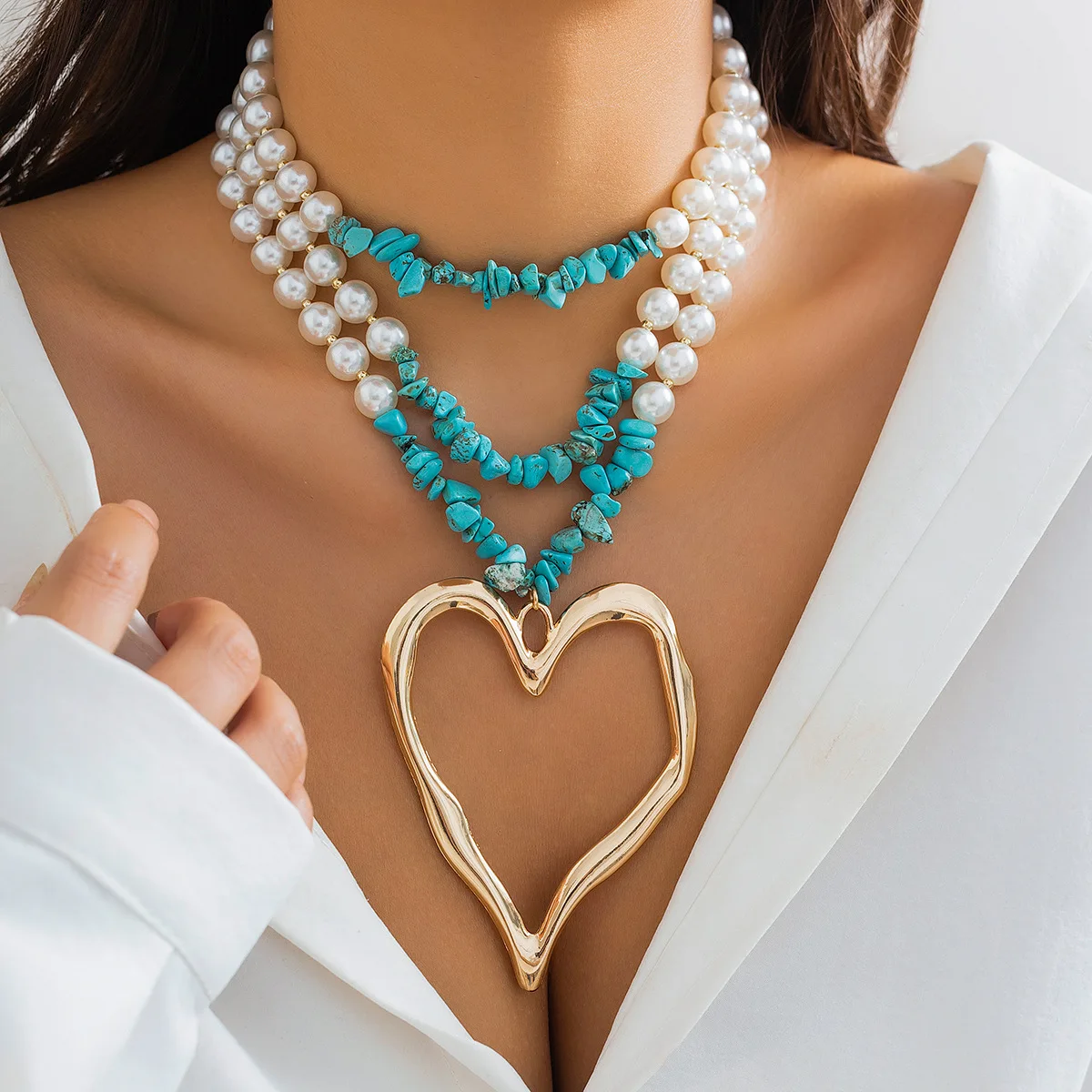 3pc Colorful Pearl Heart Shaped Layered Necklace