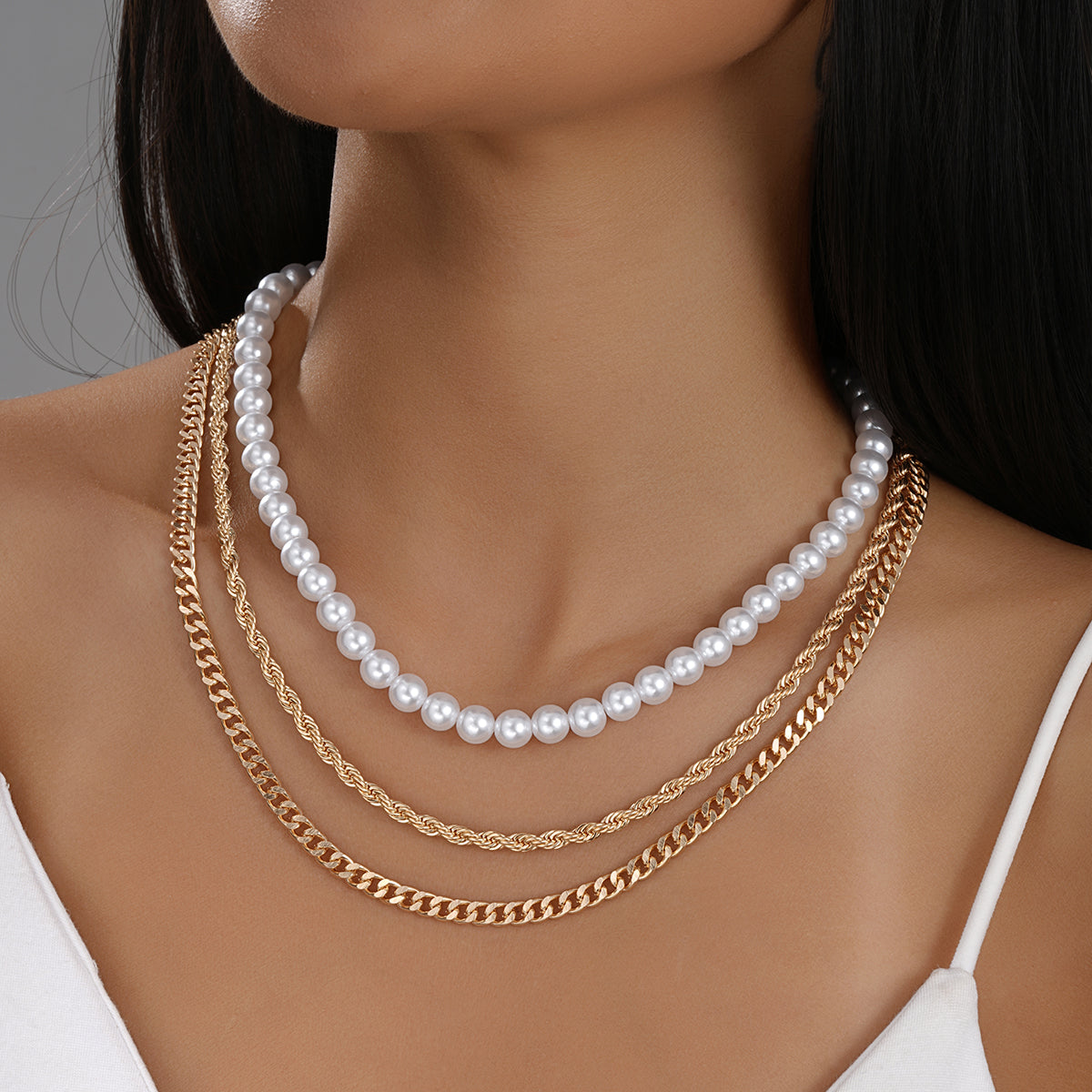 3pc Layered Pearl & Twisted Chain Necklace Set