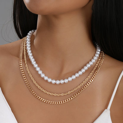 3pc Layered Pearl & Twisted Chain Necklace Set