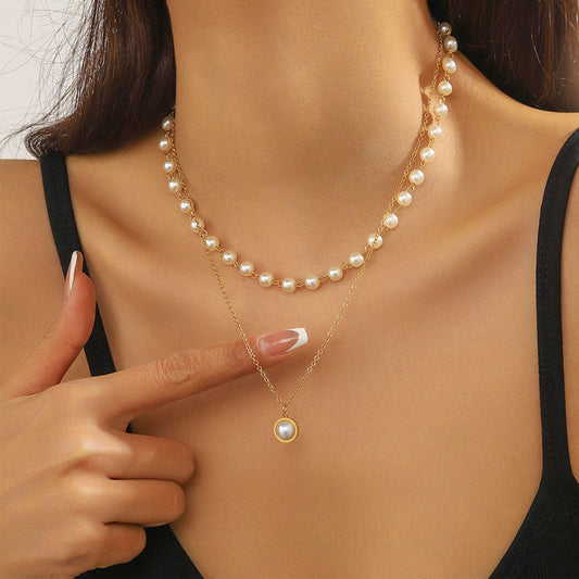 2pc Pearl Bead and Pendant Necklace Set
