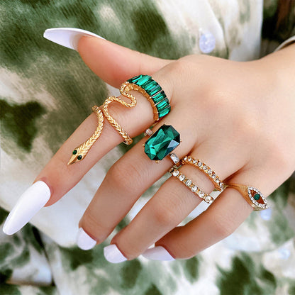 Boho Snake & Crystal Knuckle Ring Set
