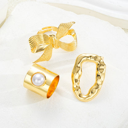 3pc Gold Statement Ring Set – Bow, Pearl & Abstract