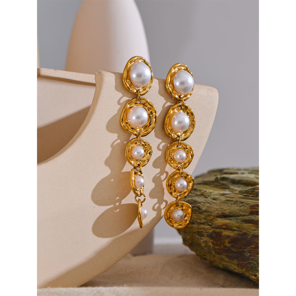 Gold Textured Pearl Drop Earrings