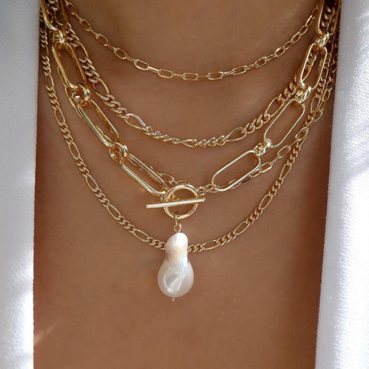 Gold Chain Pearl Pendant Necklace Stack