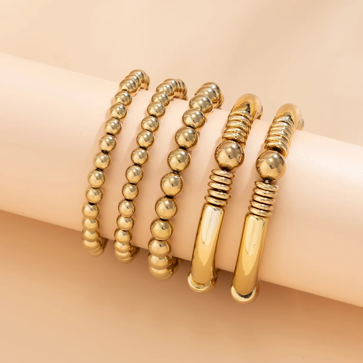 5pc Gold Beaded Stretch Bracelet Set