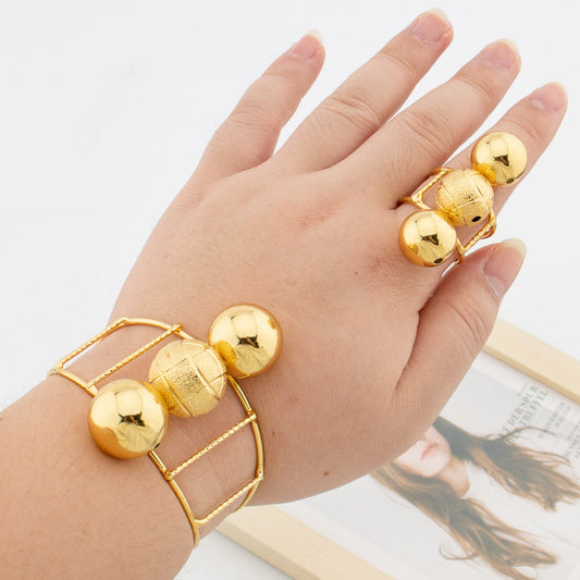 Gold Beaded Cuff Bangle & Ring Set
