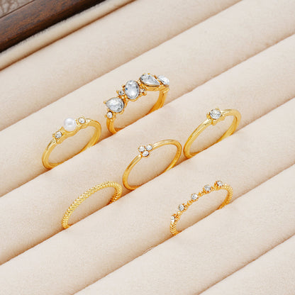 6pc Boho Crystal & Pearl Ring Set