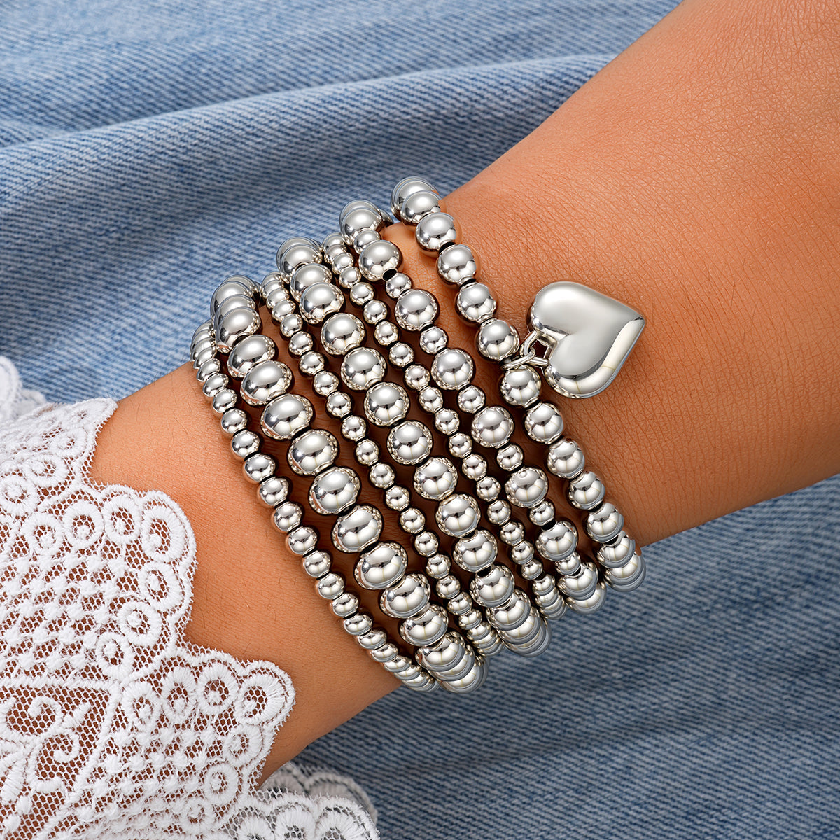 7pc Silver Heart Charm Beaded Bracelet Set