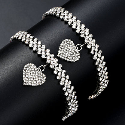 2pc Rhinestone Heart Anklet & Bracelet Set