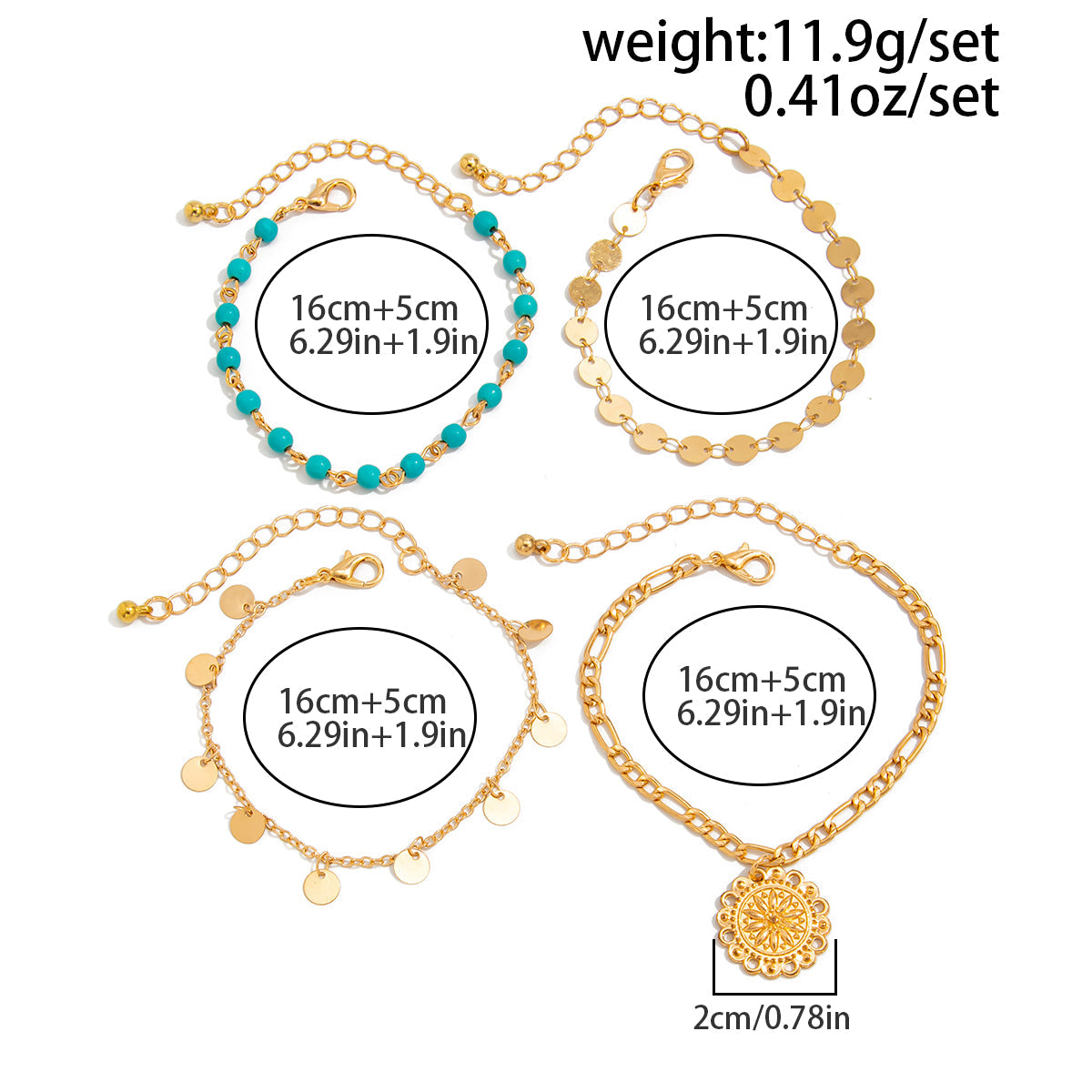 4pc Vintage Sequin & Sun Pendant Bracelet Set