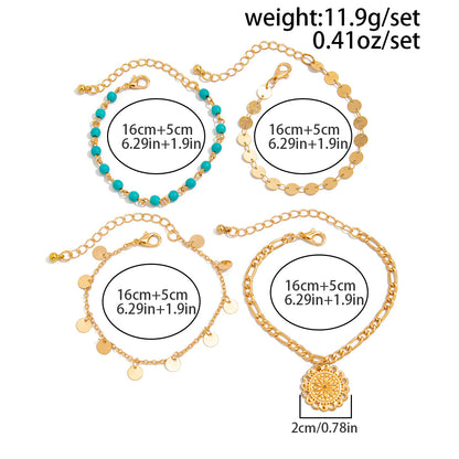 4pc Vintage Sequin & Sun Pendant Bracelet Set