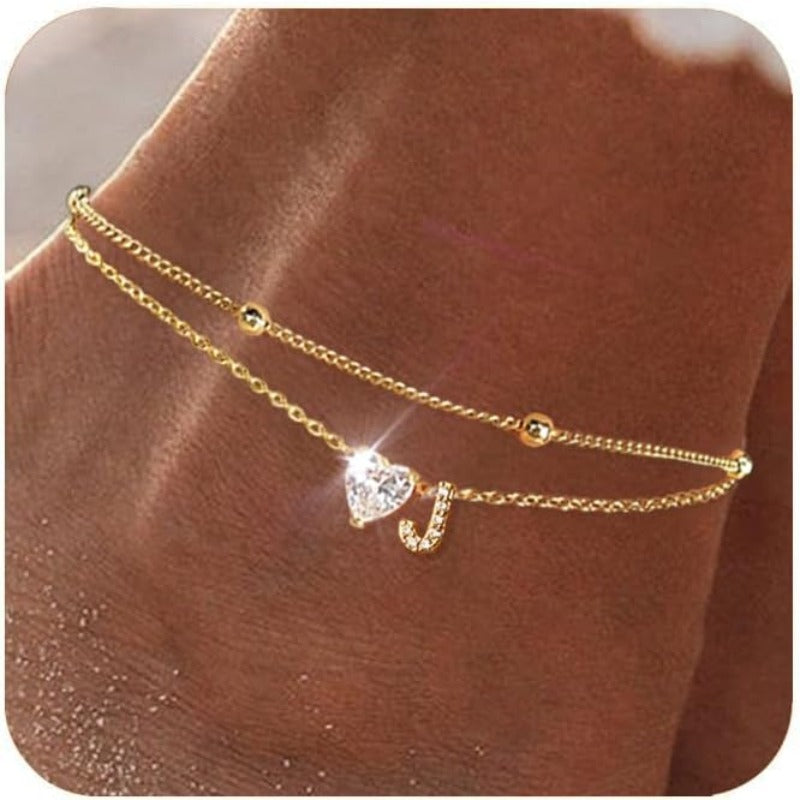 Gold Heart Charm Initial Anklet