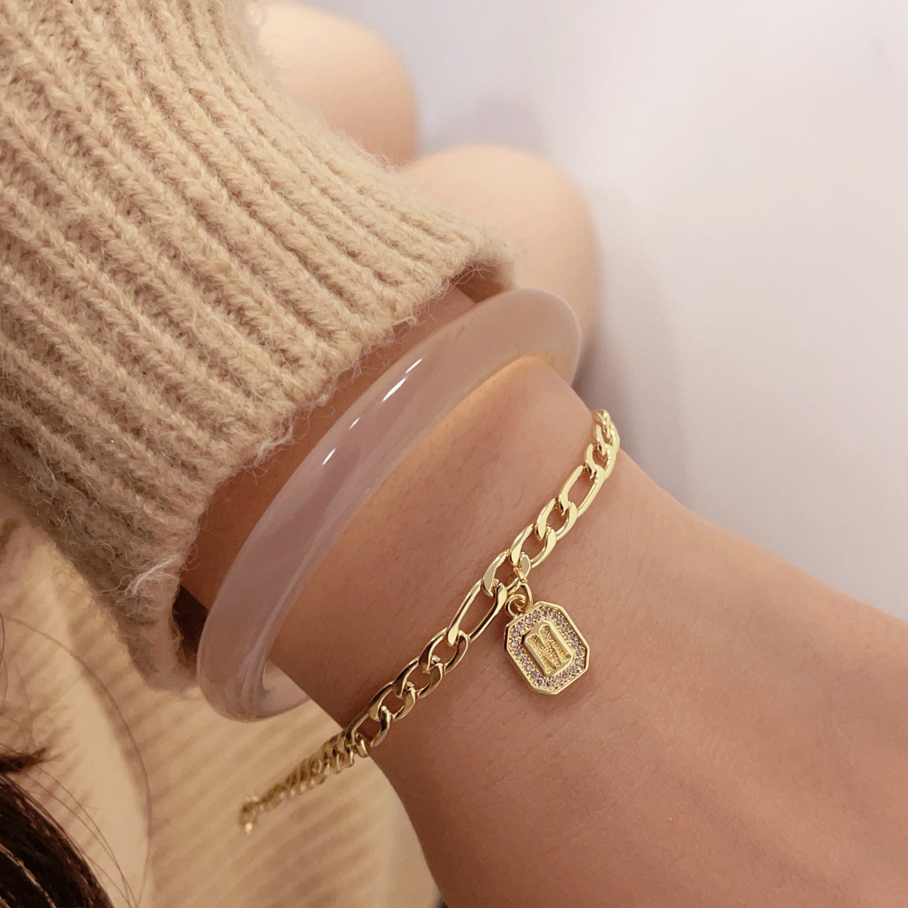 Gold Initial Charm Chain Bracelet