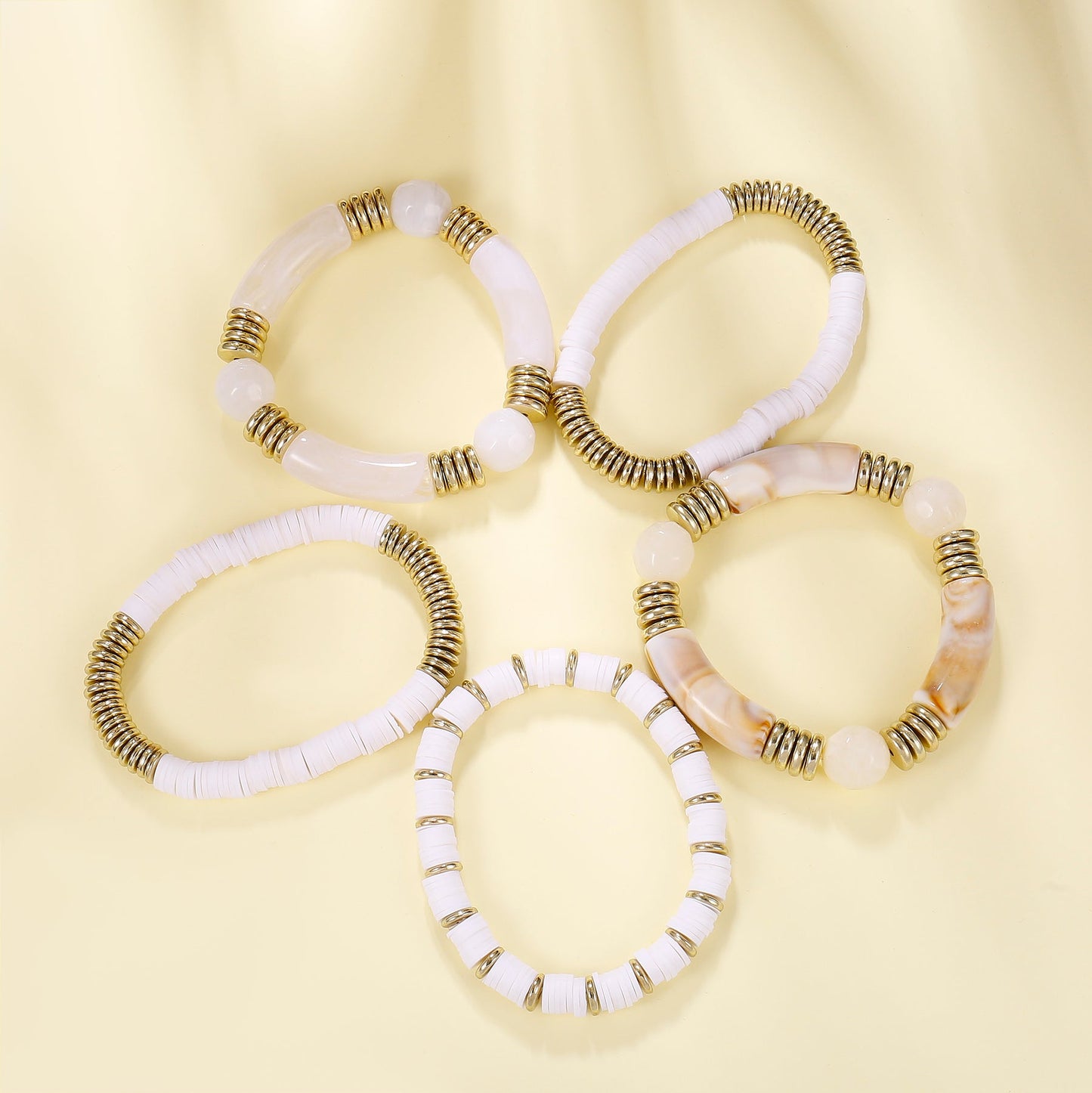 5pc White Resin & Gold Beaded Bracelet Set