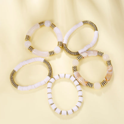 5pc White Resin & Gold Beaded Bracelet Set